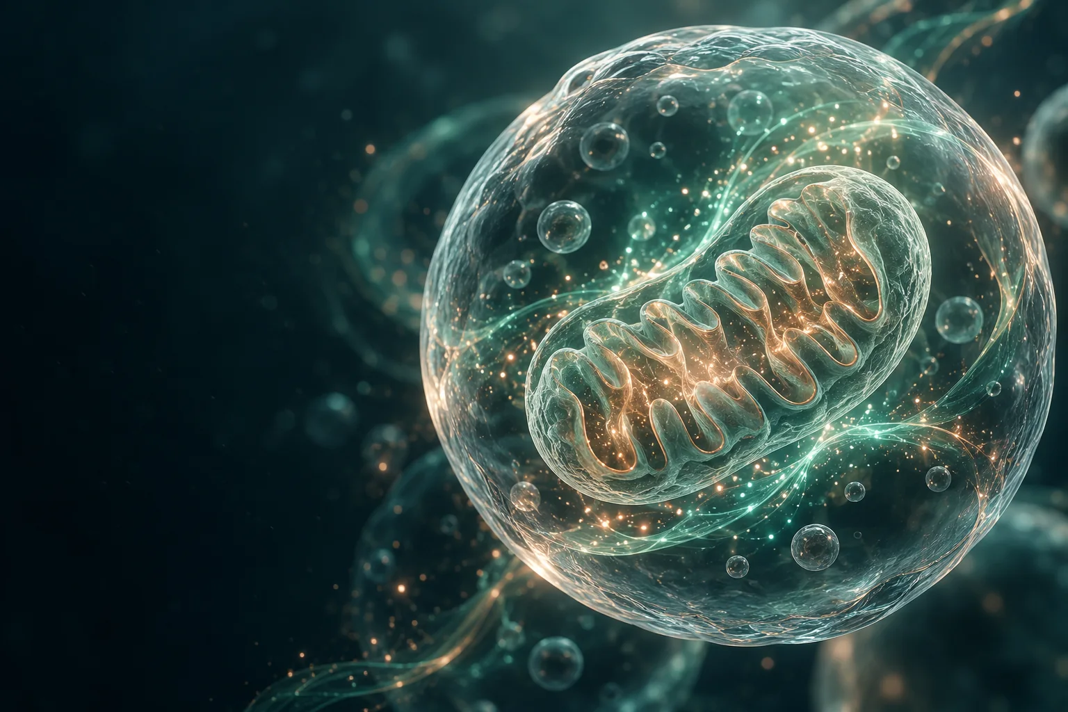 Conceptual glass cell and mitochondrion