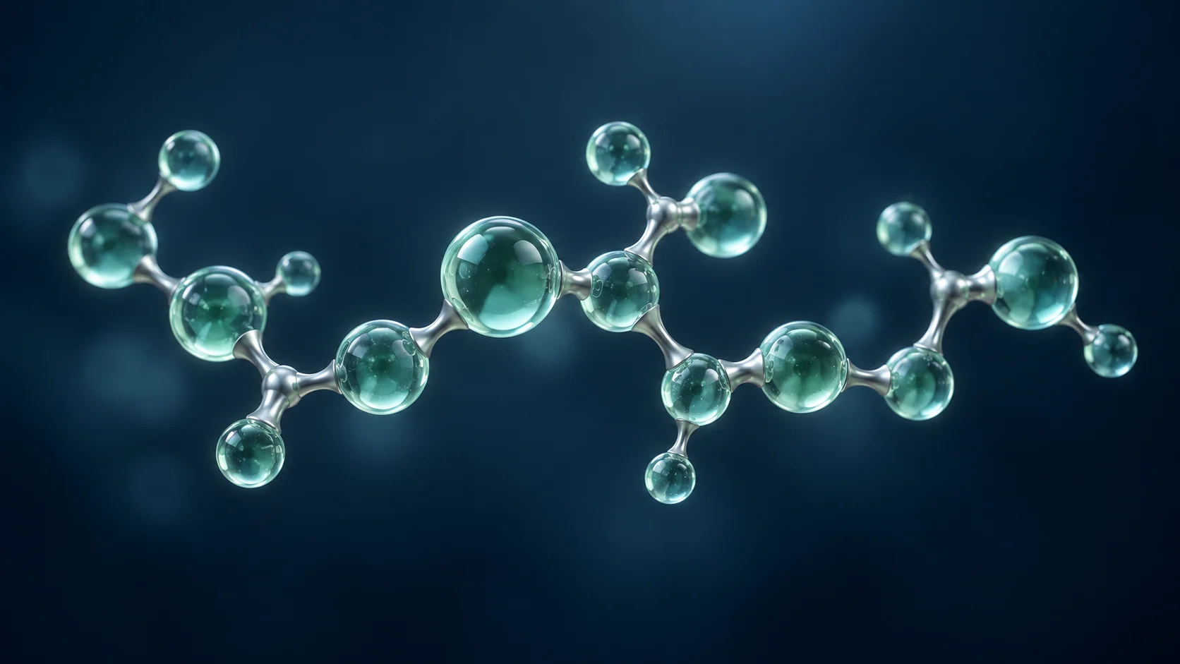 Conceptual molecular sculpture made of mint glass spheres and silver connections